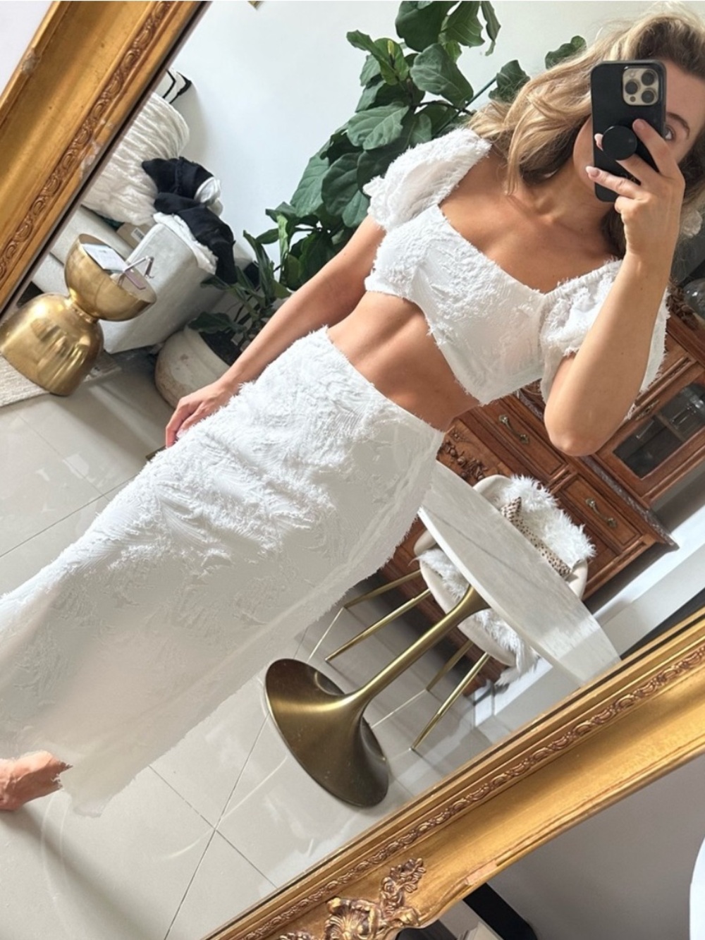 SABO white crop top and midi skirt set